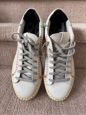 P448 White Leather Low-Top Sneakers with Gray Laces and Multicolor Stitching,